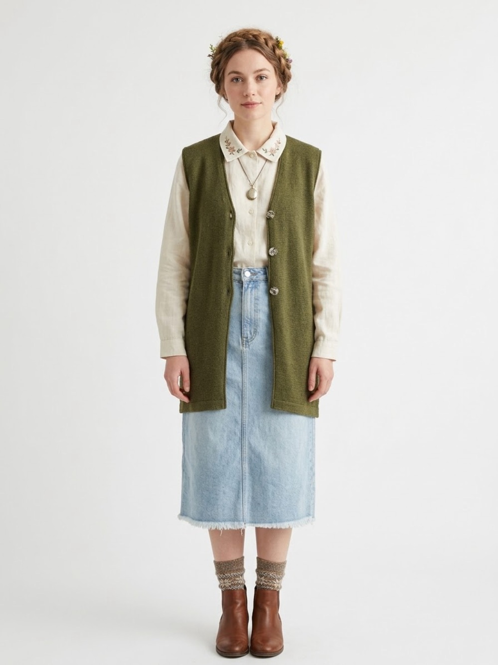 Boho Goblincore Olive Green Long Sweater Vest Earthy Hobbit Forestcore Fairy